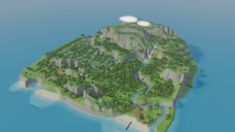 Vista aérea de la isla del juego: montañas, un río que baja en curvas, bosque espeso y playa.