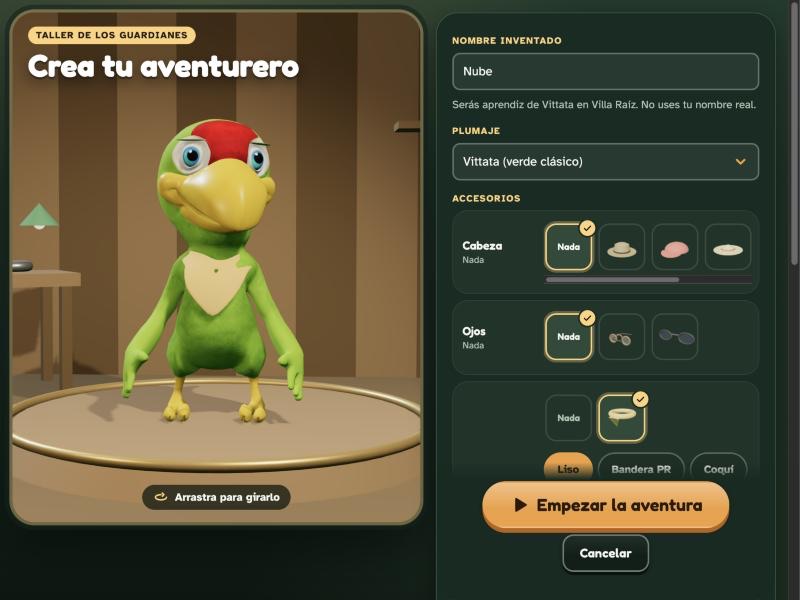 Pantalla del Taller de los Guardianes: la cotorra 3D en un pedestal y, al lado, el nombre inventado, el plumaje y los accesorios.